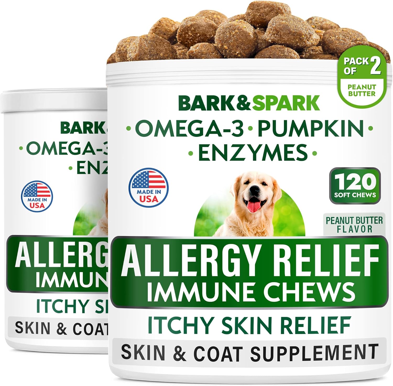 BARK&SPARK Allergy Relief Dog Treats - Omega 3 + Pumpkin + Enzymes - Itchy Skin Relief (240 Ct) - Seasonal Allergies - Anti-Itch & Hot Spots - Immune Supplement - Made in USA - Peanut Flavor Chews BARK&SPARK Allergy Relief Dog Treats - Omega 3 + Pumpkin + Enzymes - Itchy Skin Relief (240 Ct) - Seasonal Allergies - Anti-Itch & Hot Spots - Immune Supplement - Made in USA - Peanut Flavor Chews