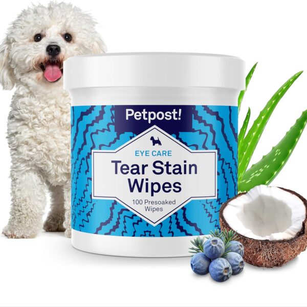 Petpost Tear Stain Remover Wipes for Dogs | 100 Count Gentle Eye Wipes with Juniper Berry & Coconut | Dog Face Wipes for Tear Stains & Eye Discharge | Soft Cotton Pads, Bleach Free