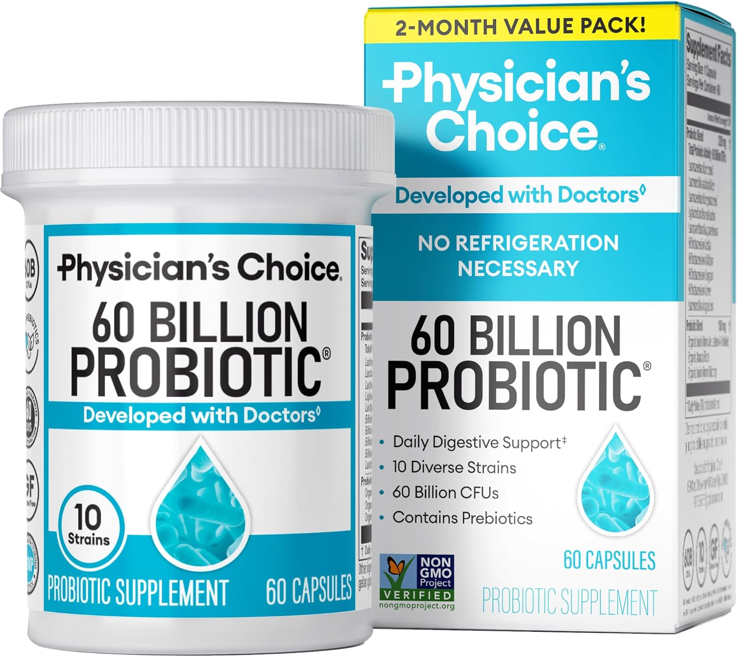 Physician's CHOICE Probiotics 60 Billion CFU - 10 Strains + Organic Prebiotics - Immune, Digestive & Gut Health - Supports Occasional Constipation, Diarrhea, Gas & Bloating - for Women & Men - 60ct Physician's CHOICE Probiotics 60 Billion CFU - 10 Strains + Organic Prebiotics - Immune, Digestive & Gut Health - Supports Occasional Constipation, Diarrhea, Gas & Bloating - for Women & Men - 60ct