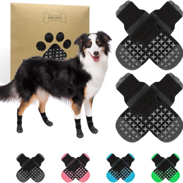SCENEREAL Anti Slip Dog Socks to Prevent Licking Paws, Dog Booties & Paw Protectors for Hot Pavement Hardwood Floors, Traction Control for Small Medium Large Senior Dogs, Grey M