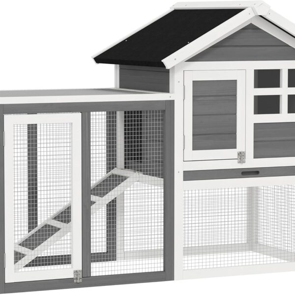 PawHut 49" Wooden Rabbit Hutch Bunny Cage with Waterproof Asphalt Roof, Fun Outdoor Run, Removable Tray and Ramp, for Rabbits, Chickens, Ducks, Gray