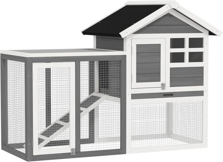 PawHut 49" Wooden Rabbit Hutch Bunny Cage with Waterproof Asphalt Roof, Fun Outdoor Run, Removable Tray and Ramp, for Rabbits, Chickens, Ducks, Gray