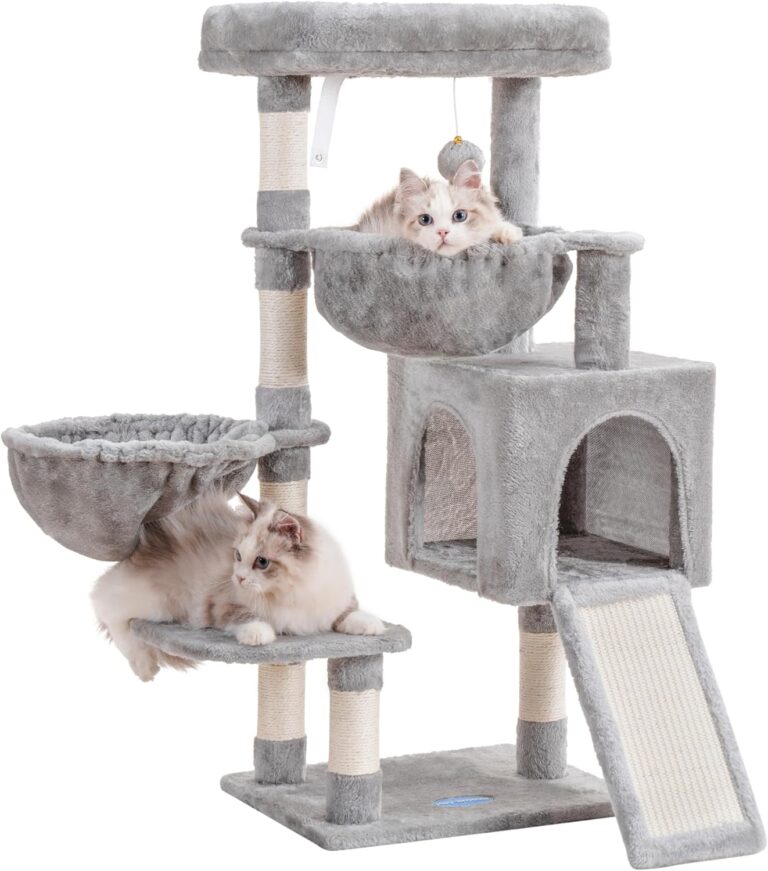 Hey-brother Cat Tree, Cat Tower for Indoor Cats, Cat House with Large Padded Bed, Cozy Condo, Hammocks, Sisal Scratching Posts, Big Scratcher, Light Gray MPJ006SW