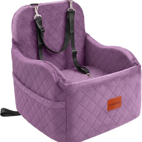 Dog Booster Car Seat for Small/Medium Dogs,Puppy Portable Car Bed with Elevated Cushion,Fully Detachable and Washable,2 Storage Pockets,Easy to Install (Purple, Medium)