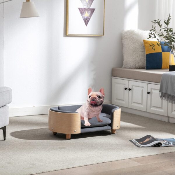 Scandinavian Style Elevated Dog Bed, Pet Sofa with Solid Wood Frame & Walnut Bent Wood Back, Orthopedic Support, Removable Washable Velvet Cover, Small Size, Dark Gray