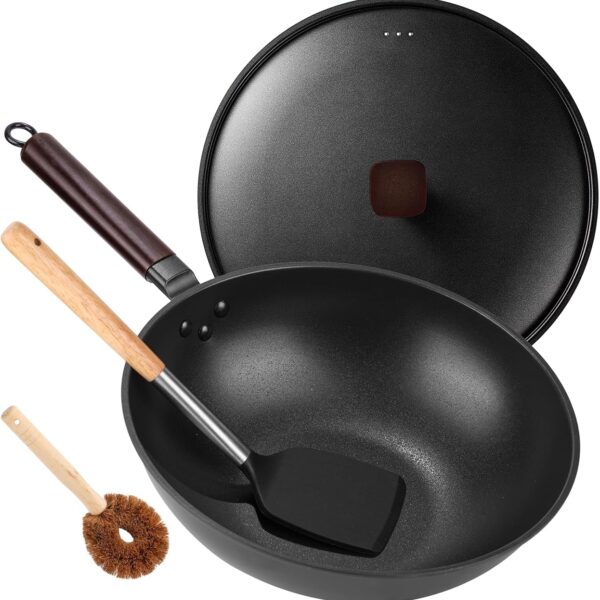 Teewe Carbon Steel Wok Pan - 13" Wok Pan with Lid, Woks & Stir-Fry Pans Nonstick with Spatula & Brush, Chinese Wok Flat Bottom Wok for Induction, Electric, Gas, All Stoves