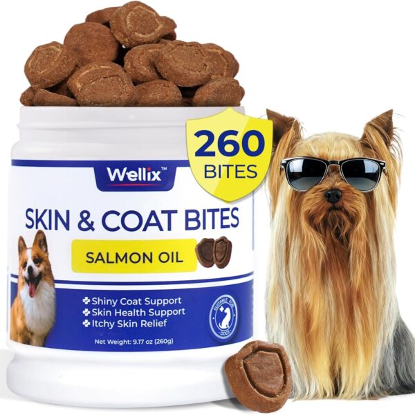260 Bites Wellix Dog Skin and Coat Supplement - Affordable, Long-Lasting Omega 3 Fish Oil for Dogs - Supports Skin & Coat, Itching Relief & Anti-Shedding Tasty Dog Allergy Chews