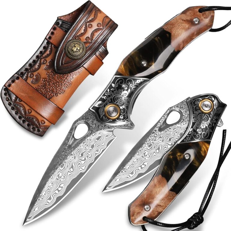 handmade Japan Damascus steel pocket knife3.1" VG10 blade men and women Folding knifeWith holsterLining lockresin and Maple handleSuitable for EDC outdoor campinggo fishing hunting