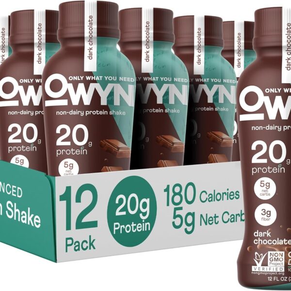 OWYN Only What You Need Dark Chocolate Flavored Protein Shake, 20g Protein, 4g Sugar, 3g Fiber, Dairy Free, Plant Based Protein Drink 12 Count