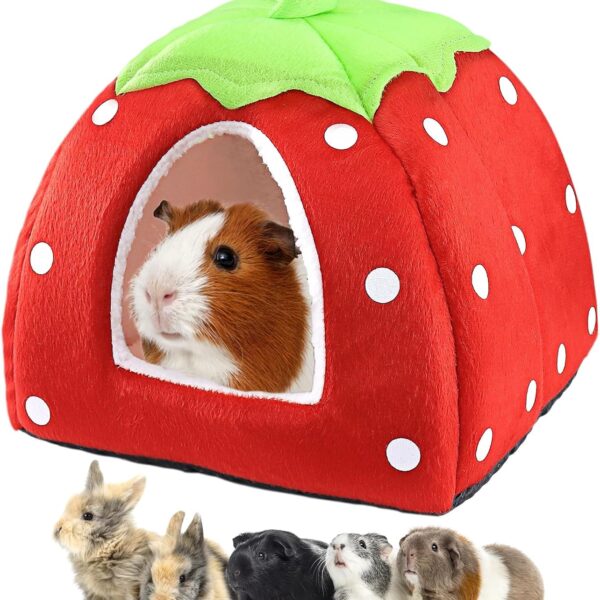 Guinea Pig Bed Rabbit Hideout Warm Fleece Cuddle Cup Washable Winter Sleeping House for Small Pet/Ferret/Chinchilla/Bunny (Strawberry Style)
