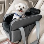 PETSFIT Multipurpose Center Console Dog Car Seat, Airline Approved Dog Car Carrier with Safety Tether and Pockets, Portable Cat Car Seat, Dog Car Seats for Small Dogs, Cats Up to 9 LBS (Deep Grey)