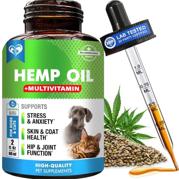 Cat & Dog Hemp Oil Drops with Multivitamin - Pet Calming Anti Anxiety & Hip and Joint Pain Aid and Anti Stress Support - Natural Liquid Supplement (2 oz)