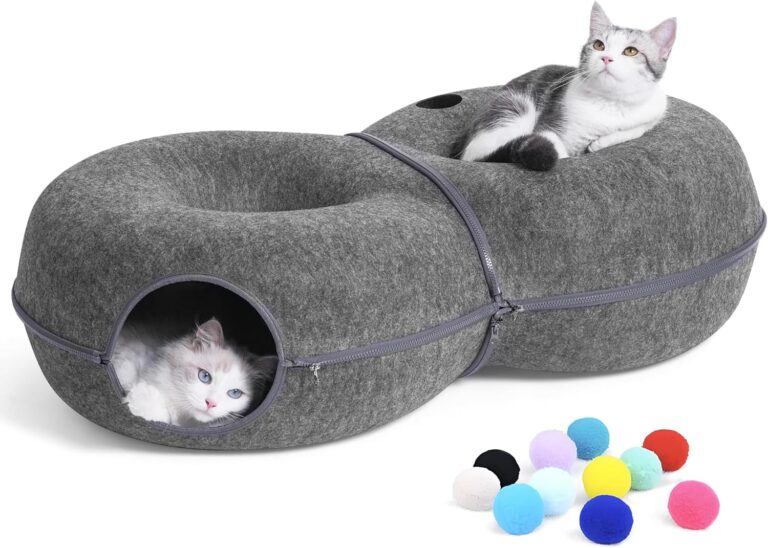 LovIntry 8-Shaped Large Cat Tunnel Bed for Indoor Cats, Infinite Circulation Peekaboo Cat Cave with 12 Toy Balls, Cat Donut Tunnel for Cats up to 30 Pounds (Dark Grey, L 38x24x11in)