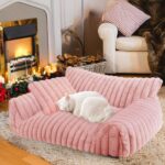 Cute Cat Couch Bed for Indoor Cats, Fluffy Pet Cat Sofa with Premium Soft Corduroy Fleece, Cute Small Dog Beds for Small Dogs, Fuzzy Puppy Chair with Removable Washable Cover (24x18x10,Pink)