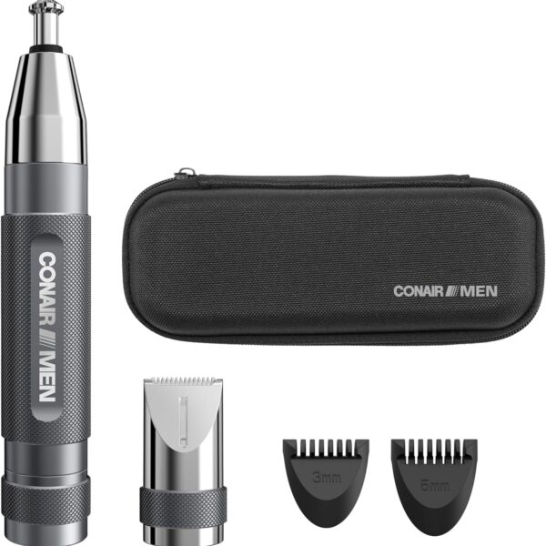 Conair Men Ear, Nose and Eyebrow Trimmer, Patented 360 Bevel Blade for No Pulls, Nicks or Cuts Guaranteed, Nose Hair Trimmer for Men, Non-Slip Grip, 5-Piece Kit with Travel Case