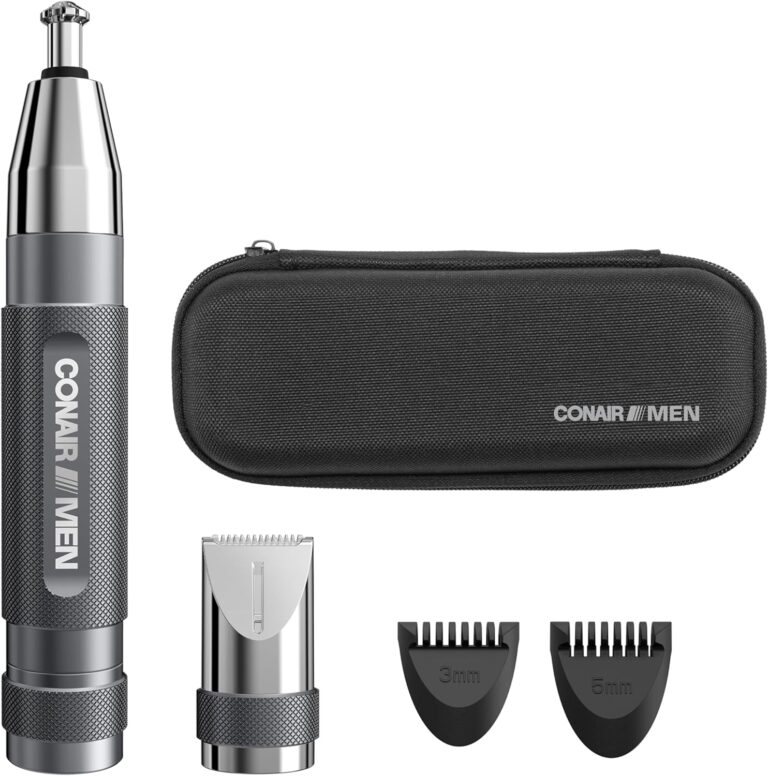 Conair Men Ear, Nose and Eyebrow Trimmer, Patented 360 Bevel Blade for No Pulls, Nicks or Cuts Guaranteed, Nose Hair Trimmer for Men, Non-Slip Grip, 5-Piece Kit with Travel Case