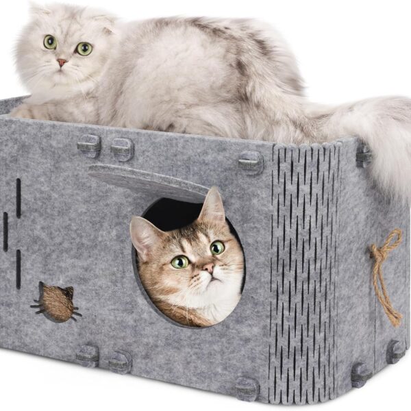 Aitmexcn Cat House for Indoor Cats, Cozy Cat Bed Cave, Scratch Resistant Peekaboo Cat Caves, Modern Cat Enclosed House Hideaway for Multiple & Large Cats, Grey