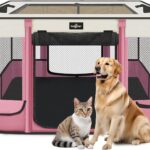Foldable Pet Kitten Playpen, Upgrade Waterproof Portable Cat Dog Playpen Kennel Tent for Small Dog Cat, Retractable Shade Cover, Come with Free Carrying Case, Indoor Outdoor Use for Small Pet, Pink