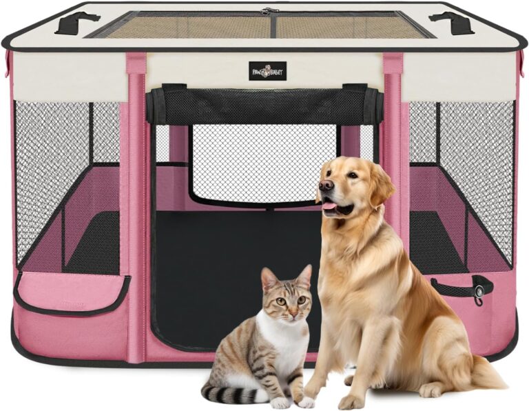 Foldable Pet Kitten Playpen, Upgrade Waterproof Portable Cat Dog Playpen Kennel Tent for Small Dog Cat, Retractable Shade Cover, Come with Free Carrying Case, Indoor Outdoor Use for Small Pet, Pink
