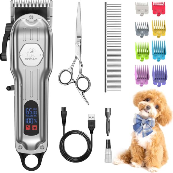 Dog Grooming Kit for Heavy Thick Hair&Coats,Low Noise Dog Hair Trimmer,Rechargeable Cordless Pet Shaver with Stainless Steel Blade, Dog Clippers for Grooming for Small Large Dogs Pets (Sliver)