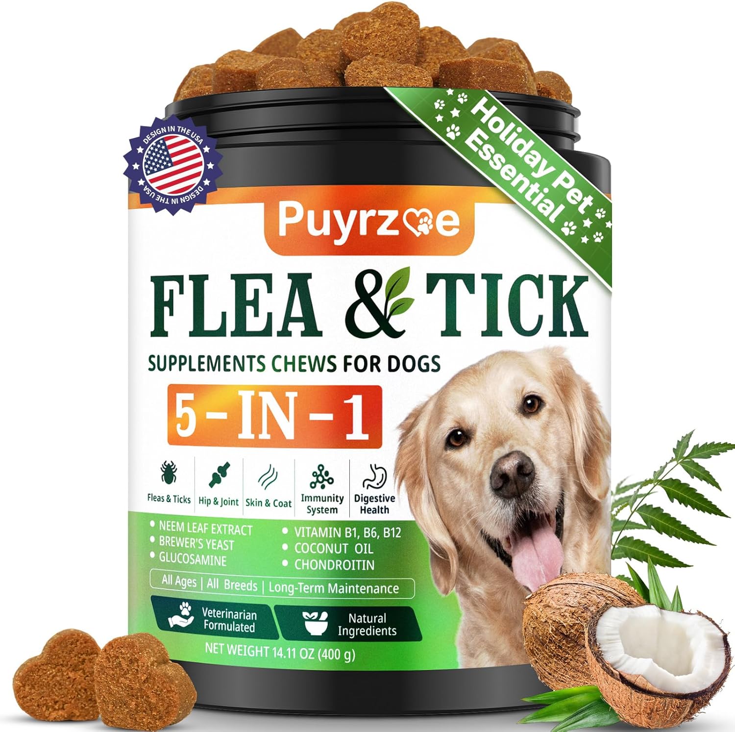 5-in-1 Dog Flea and Tick Treatment Chewable, Natural Flea and Tick Prevention for Dogs Chewable - Flea & Tick | Hip & Joint | Skin & Coat | Immunity Support | Digestive for All Breeds & Sizes 5-in-1 Dog Flea and Tick Treatment Chewable, Natural Flea and Tick Prevention for Dogs Chewable - Flea & Tick | Hip & Joint | Skin & Coat | Immunity Support | Digestive for All Breeds & Sizes