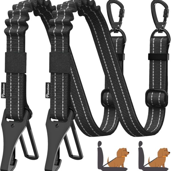 Pawaboo 2Pack Dog Seatbelt for Car,3-in-1 Dog Car Seat Belt Bungee,Shockproof Dogs Tether for Cars with Buckle&Hook Latch, Adjustable Reflective Dogs Cars Harness Leash with 360 Lockable Buckle,Black