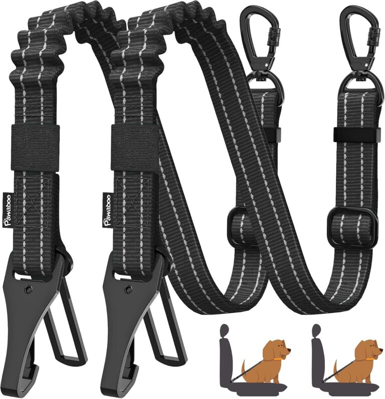 Pawaboo 2Pack Dog Seatbelt for Car,3-in-1 Dog Car Seat Belt Bungee,Shockproof Dogs Tether for Cars with Buckle&Hook Latch, Adjustable Reflective Dogs Cars Harness Leash with 360 Lockable Buckle,Black
