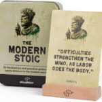 Daily Stoicism Affirmation Cards - 50 Stoic Life Change Quotes, Philosophy Gift for Men in Tin Box with Wood Stand - Desk Accessories Office Decor for Men - Inspirational & Motivational Cards