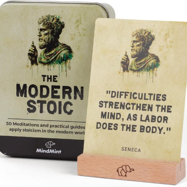 Daily Stoicism Affirmation Cards - 50 Stoic Life Change Quotes, Philosophy Gift for Men in Tin Box with Wood Stand - Desk Accessories Office Decor for Men - Inspirational & Motivational Cards