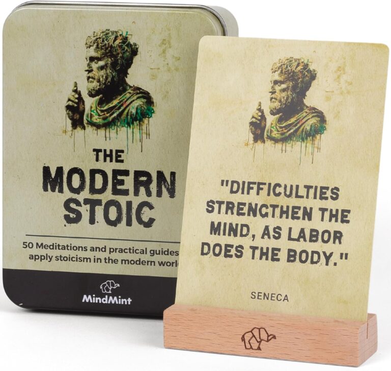 Daily Stoicism Affirmation Cards - 50 Stoic Life Change Quotes, Philosophy Gift for Men in Tin Box with Wood Stand - Desk Accessories Office Decor for Men - Inspirational & Motivational Cards