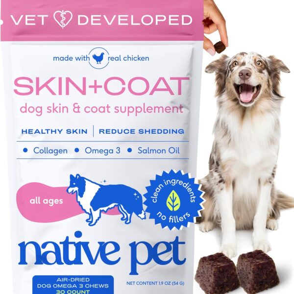 Native Pet Omega Skin and Coat Chews for Dogs - Dog Skin and Coat Supplement for Healthy, Shiny Fur, Reduce Shedding and Dry Spots - Made with Omega 3 Fish Oil and Wild-Caught Salmon Oil - 30 Chews
