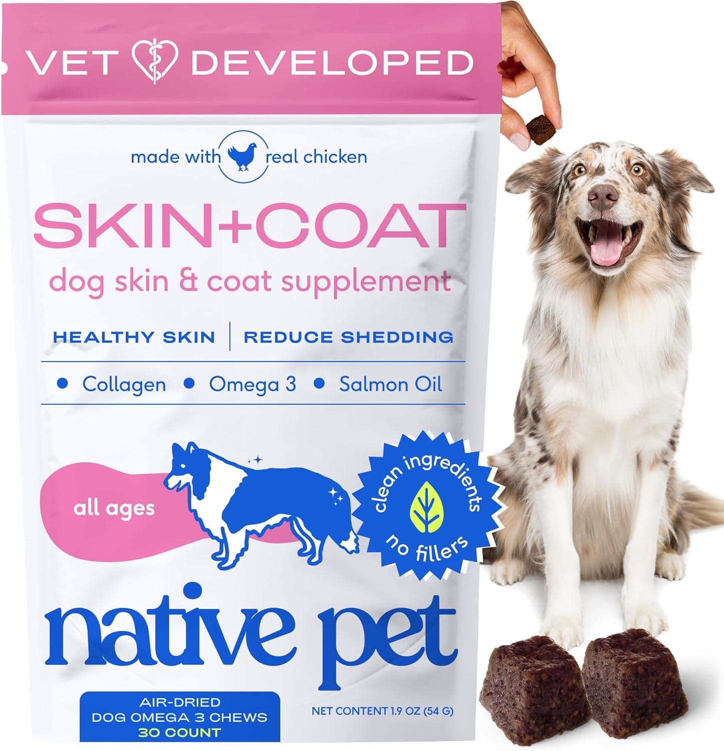 Native Pet Omega Skin and Coat Chews for Dogs - Dog Skin and Coat Supplement for Healthy, Shiny Fur, Reduce Shedding and Dry Spots - Made with Omega 3 Fish Oil and Wild-Caught Salmon Oil - 30 Chews Native Pet Omega Skin and Coat Chews for Dogs - Dog Skin and Coat Supplement for Healthy, Shiny Fur, Reduce Shedding and Dry Spots - Made with Omega 3 Fish Oil and Wild-Caught Salmon Oil - 30 Chews