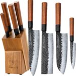 FAMCTE Japanese Knife Block Set, Hand Forged 5-Layer 9CR18MOV Clad Steel Ultra Sharp Kitchen Knives with Wooden Storage & Rosewood Handle, Includes Chef, Santoku, Nakiri, Fruit Knife for Home Mom/Dad