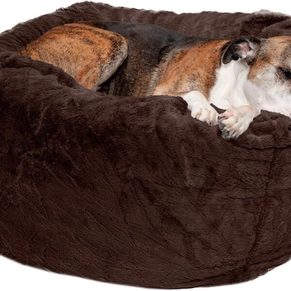 Furhaven Soft & Cozy Dog Bed for Large/Medium Dogs, Refillable w/ Removable Washable Cover & Liner, For Dogs Up to 55 lbs - Plush Faux Fur Bean Bag Style Ball Bed - Espresso, Large