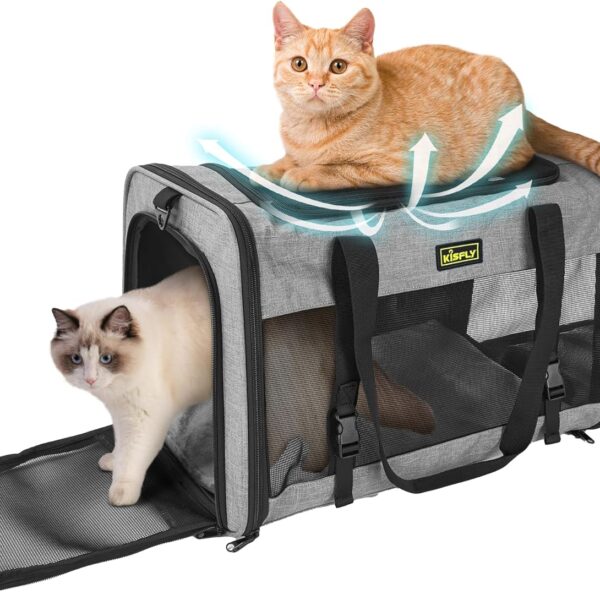 Cat Carrier for 2 Cats/Kitten, Pet Carrier for Cat, Puppy, Small Dog & Bunny, Foldable Soft-Sided Travel Pet Bag, Sturdy Frame Support, up to 25 lbs, Car Seat Belt Compatible, 20x13x13 in, Gray