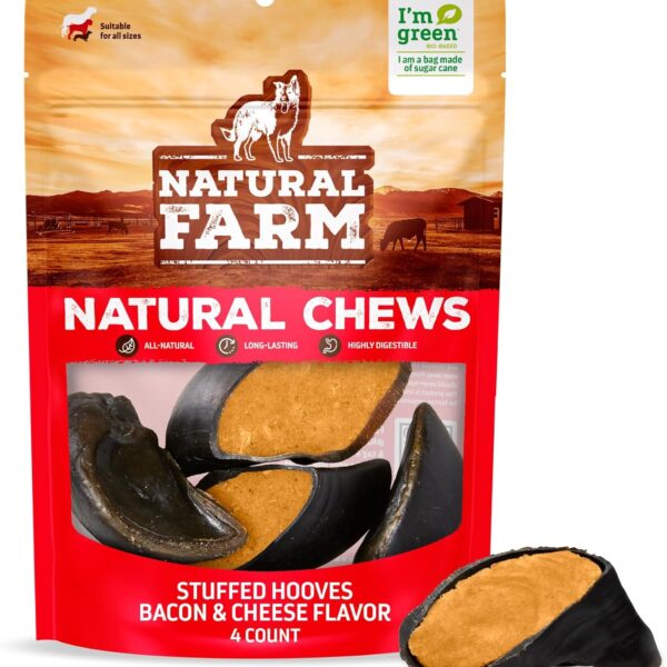 Natural Farm Bacon & Cheese Flavor Filled Cow Hooves for Dogs (4-Pack), Long-Lasting Natural Hoof Beef Bone Treats, Best for Small, Medium & Large Dogs