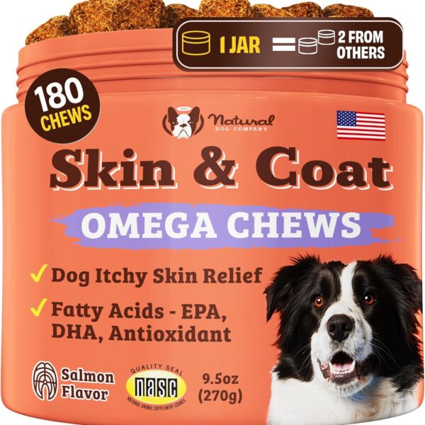 Natural Dog Company Skin & Coat Supplement for Dogs  Omega 3 Salmon Oil, Biotin & Vitamin E Support Shiny Coat, Healthy Skin & Normal Shedding, Promotes Comfort from Occasional Itch, 180 Count