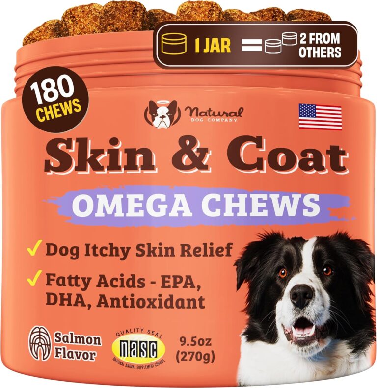 Natural Dog Company Skin & Coat Supplement for Dogs  Omega 3 Salmon Oil, Biotin & Vitamin E Support Shiny Coat, Healthy Skin & Normal Shedding, Promotes Comfort from Occasional Itch, 180 Count