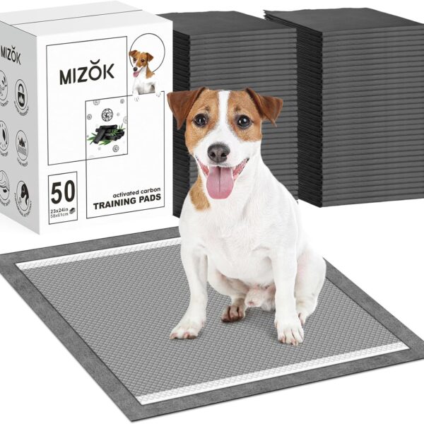 MIZOK Pee Pads for Dogs 23X24in Dog Pee Pads, Charcoal Odor Eliminating Wee Wee Pads for Dogs Absorbs Up to 4 Cups Urine, 6 Layers Leak-Proof Puppy Pads (50 Counts)