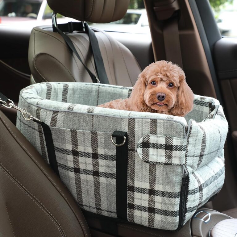 Prpeko Small Dog Car Seat, Portable Dog Seat with Soft Washable Cushion,Center Console Dog Car Seat for Small Dogs Up to 13lbs(Grid Grey)