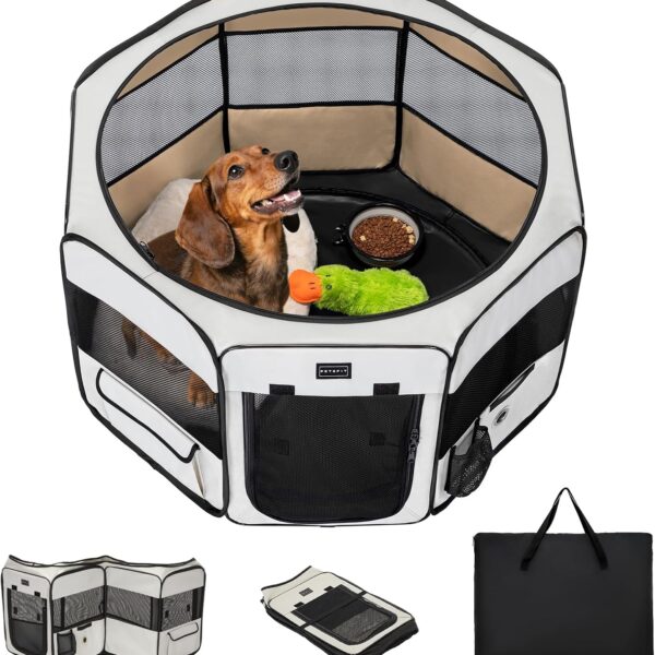 PETSFIT Portable Dog Playpen,36" Dog Play Pen Indoors with Removable Waterproof Mat & Zippered Roof | RV, Camping, Travel Dog Pen | Whelping & Cat Observation Space(36" L x 36" W x 21" H)