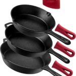 Cuisinel Cast Iron Skillet Set - 8" + 10" + 12"-Inch Pre-Seasoned Frying Pans + Silicone Handle Grip Covers - Use Indoor/Outdoor, Oven, Grill, Stove, BBQ, Fire, Induction - Kitchen/Camping Cookware