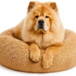 Calming Dog Bed - Fluffy Donut Cuddler for Anxiety Relief, Orthopedic Pet Bed with Non-Slip Bottom, Cozy Round Faux Fur Nest for Dogs and Cats, Plush Crate Mat for Comfort (Camel, Large)