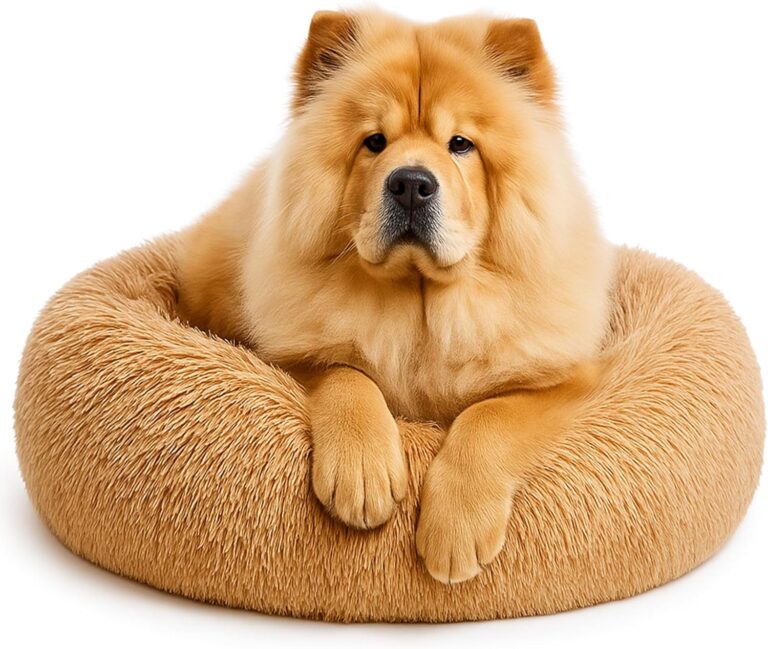Calming Dog Bed - Fluffy Donut Cuddler for Anxiety Relief, Orthopedic Pet Bed with Non-Slip Bottom, Cozy Round Faux Fur Nest for Dogs and Cats, Plush Crate Mat for Comfort (Camel, Large)