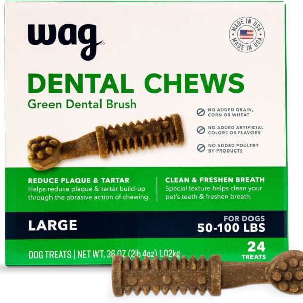 Amazon Brand - Wag Dental Chews - Green Dental Brush for Dogs, Large, Unflavored, 24 Count (Pack of 1)