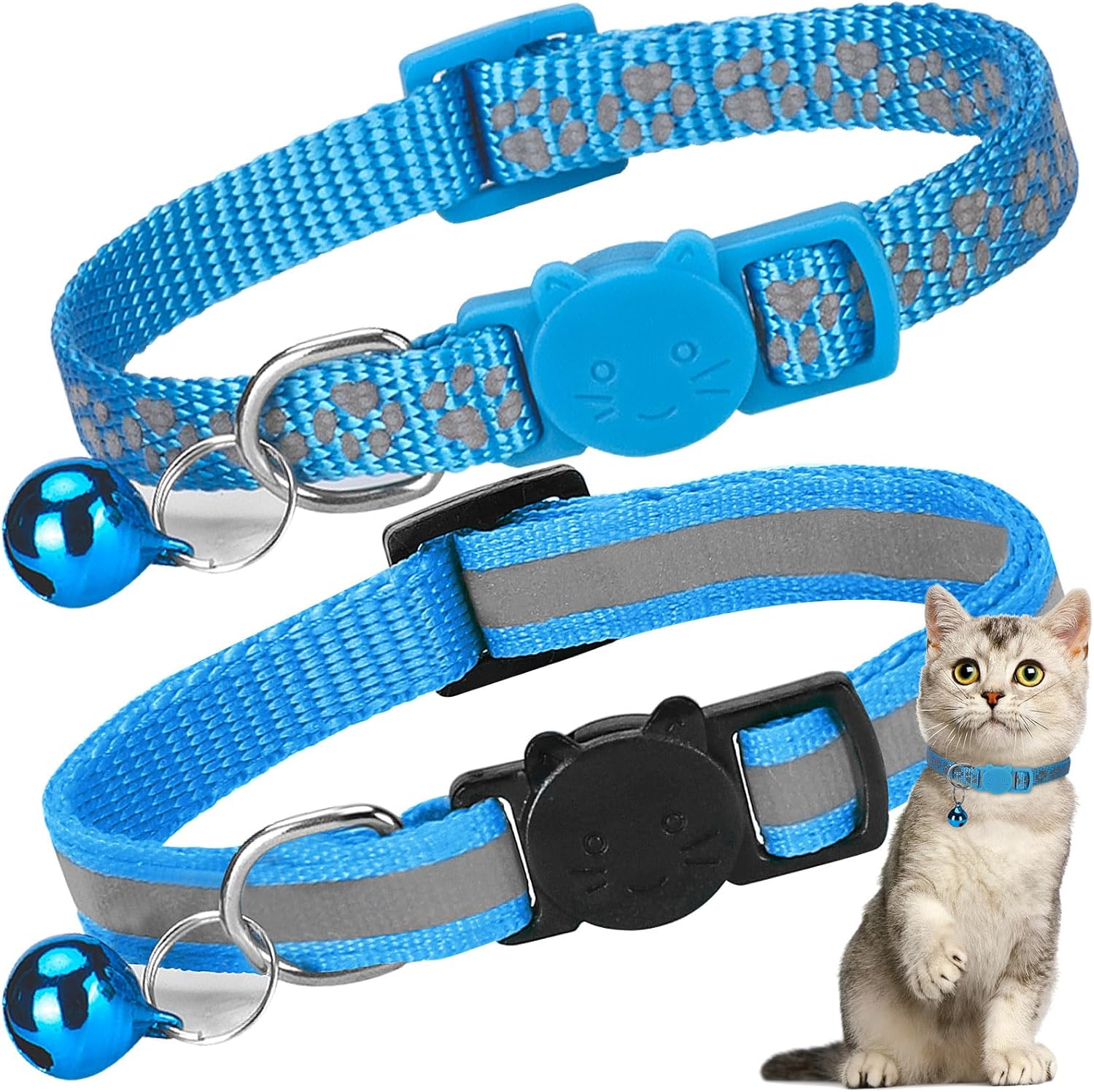 2 Pack Cat Collar with Bells, Reflective Collars for Cats with Breakaway Safety Buckle, Nylon, 7-12 Inch Adjustable, Blue 2 Pack Cat Collar with Bells, Reflective Collars for Cats with Breakaway Safety Buckle, Nylon, 7-12 Inch Adjustable, Blue
