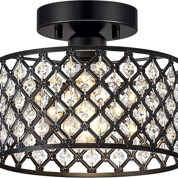 Black Crystal Ceiling Light Fixture,Modern Semi Flush Mount Ceiling Lighting Fixture,Round Small Chandelier for Hallway, Entryway, Laundry Room, Kitchen, Bedroom, Foyer, Bathroom, 1 Light, 9 inch