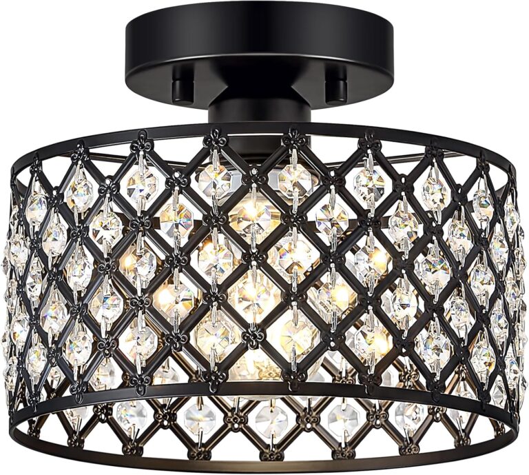Black Crystal Ceiling Light Fixture,Modern Semi Flush Mount Ceiling Lighting Fixture,Round Small Chandelier for Hallway, Entryway, Laundry Room, Kitchen, Bedroom, Foyer, Bathroom, 1 Light, 9 inch