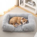 Orthopedic Dog Bed for Large Dogs - Washable Memory Foam Pet Sofa, Fluffy Plush Rectangular Bed, Waterproof Anti-Anxiety Couch, Light Gray, L