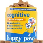 Happy Paws Cognitive Supplement for Dogs, Chicken Soft Chews with Taurine, Spirulina, CoQ10 & Vitamins B1, B3, B12, Supports Cognitive Function, Memory and Focus, Chews for Small to Large Dogs